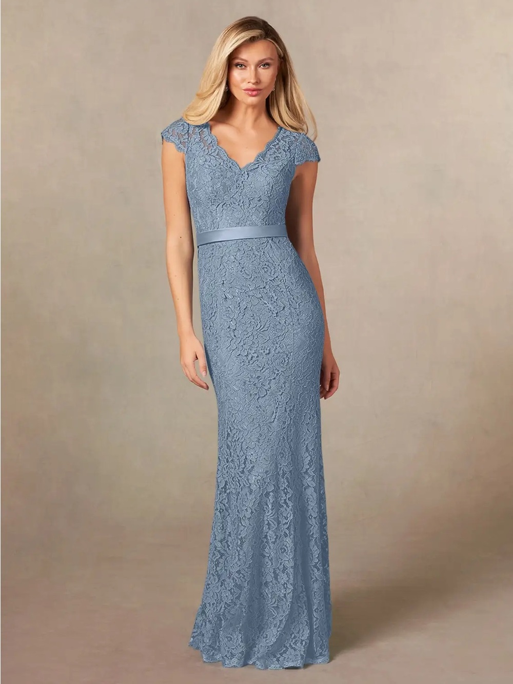 Azazie mermaid Lace Cap-Sleeve Gown in Dusty Blue
